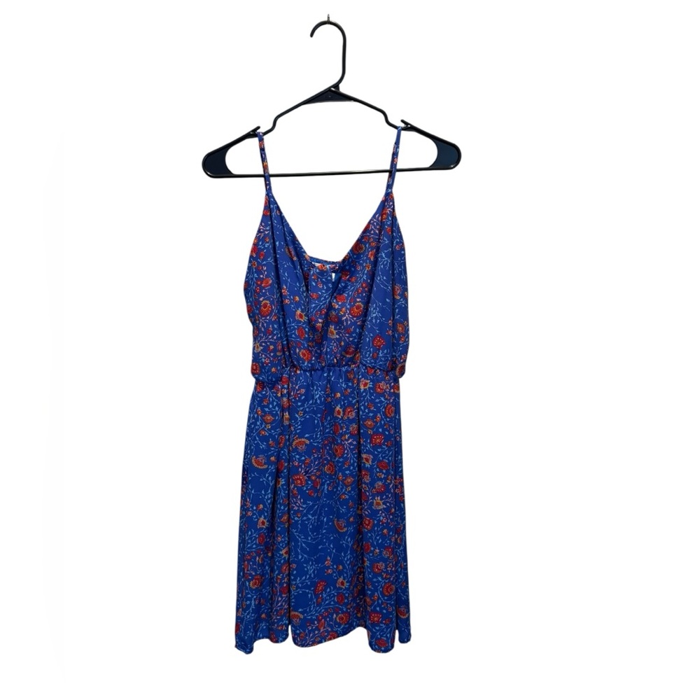 Everly Womens Medium Blue Floral Tie Front Cutout Spaghetti Strap Dress